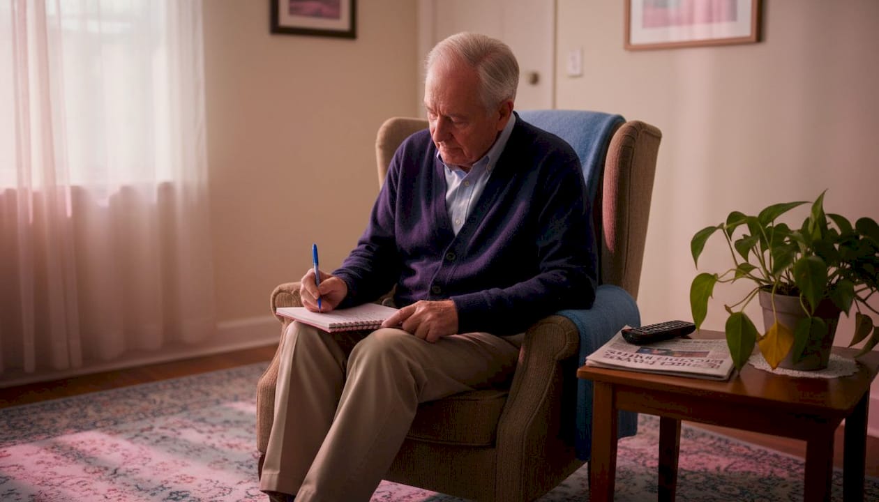 Elderly man recording daily routine in living room