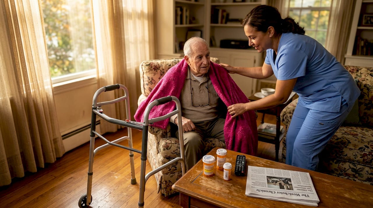 Home health aide helps older man with walker