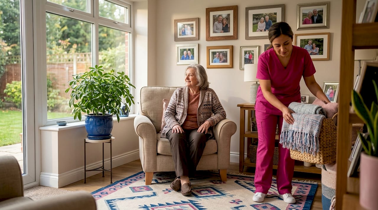 Home care provider tidying living room for elderly woman