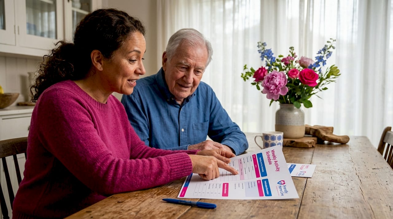 Caregiver reviewing care schedule with elderly man