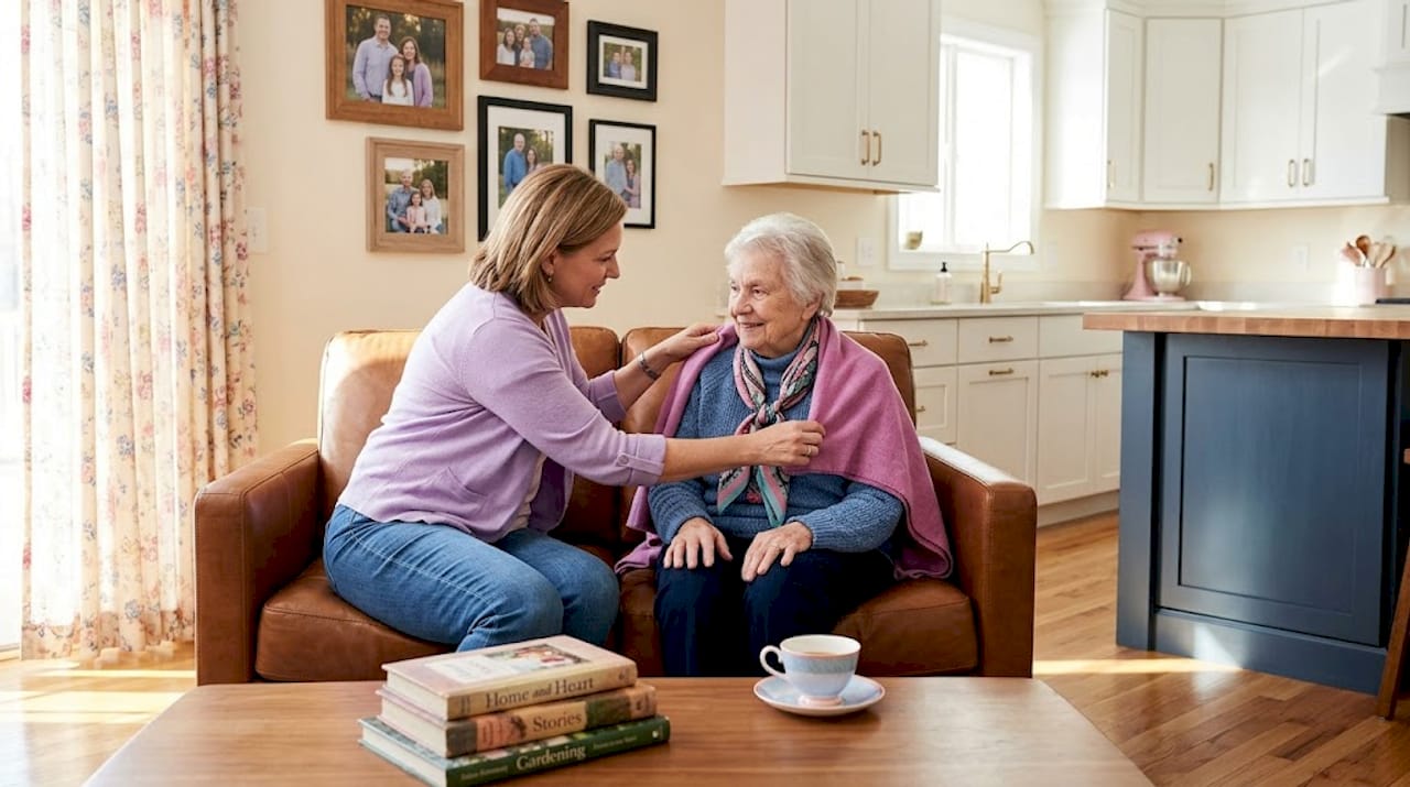 Daughter caring for elderly mother at home