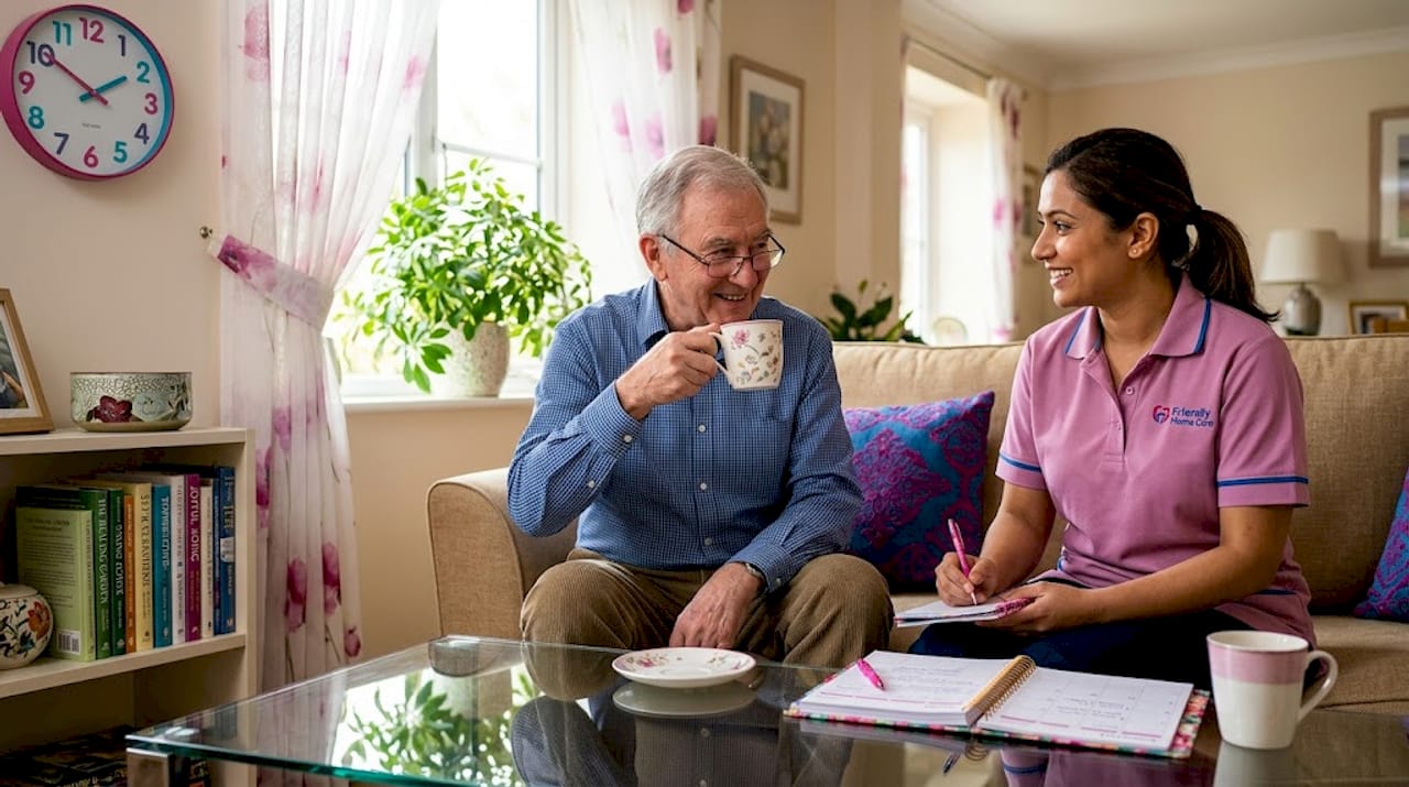 Senior and home caregiver sharing peaceful tea