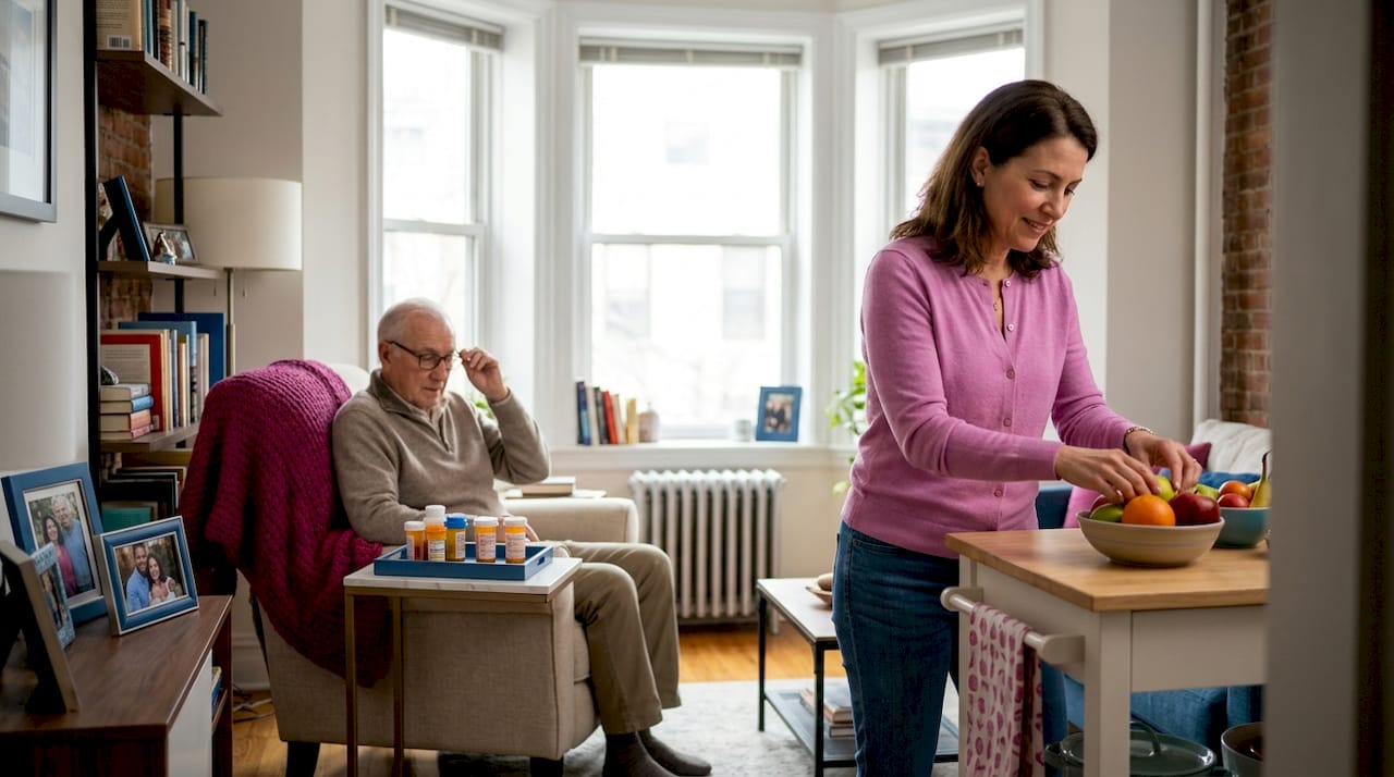 Daughter visiting elderly father in Queens