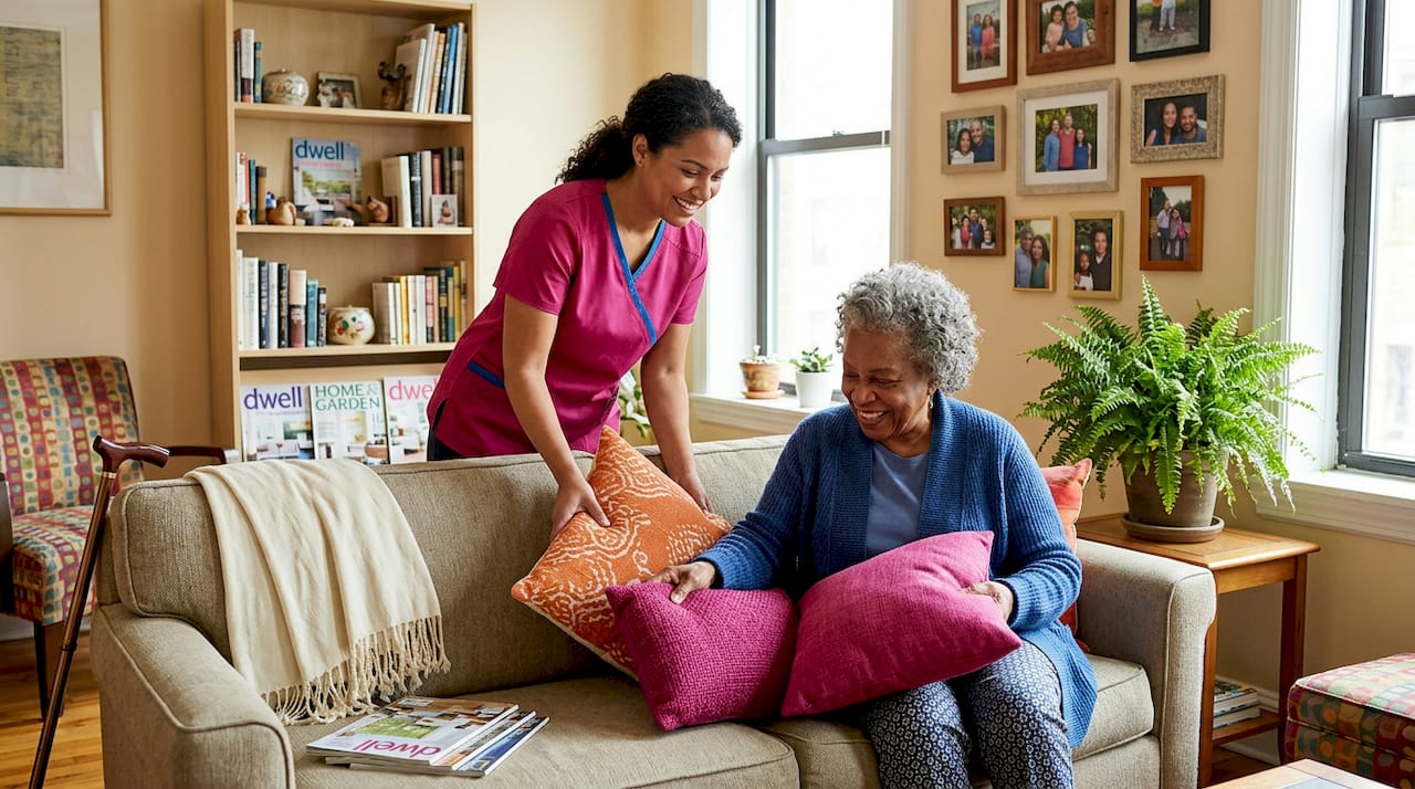 Caregiver and senior arranging pillows in NYC home