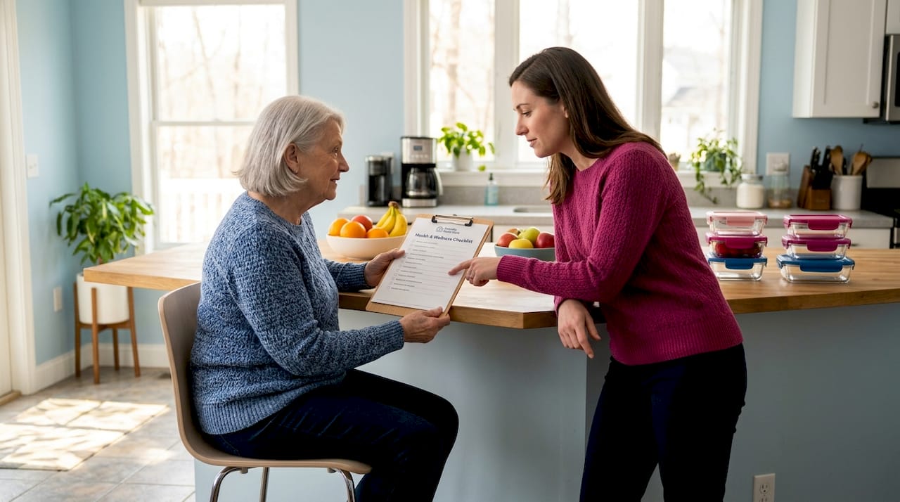 Senior and caregiver reviewing checklist together