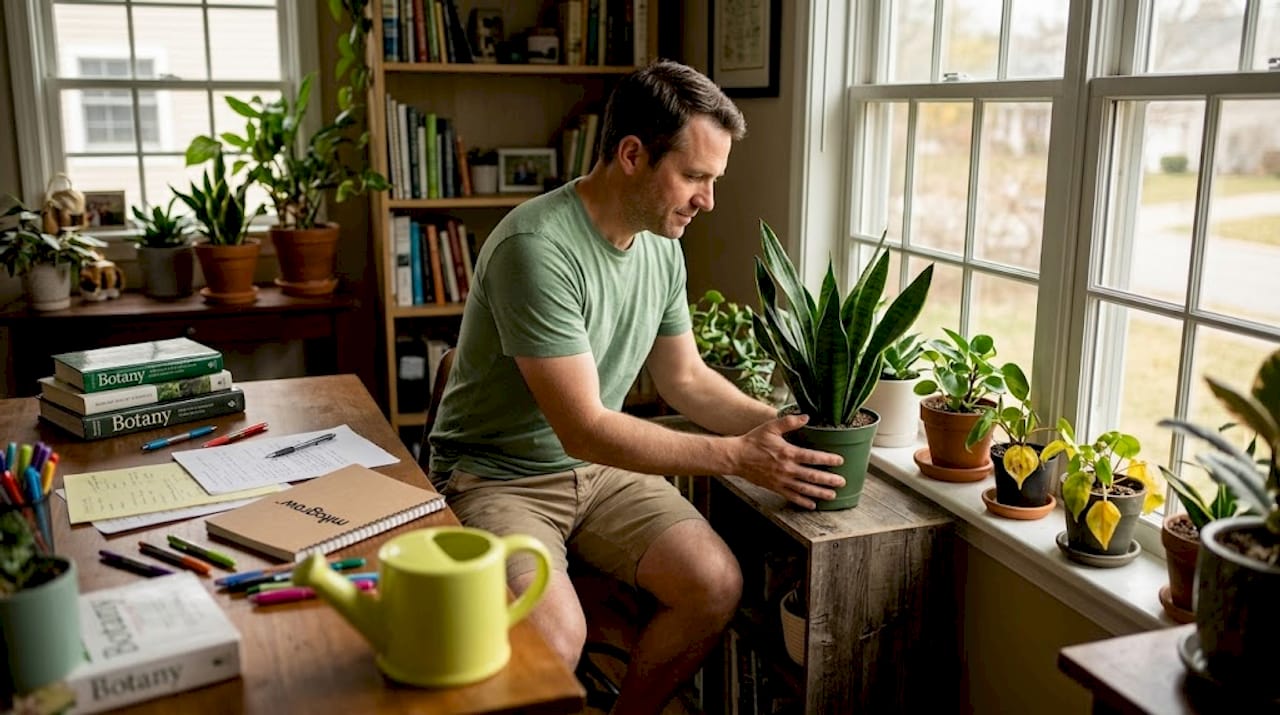 Man rotating plant to improve lighting