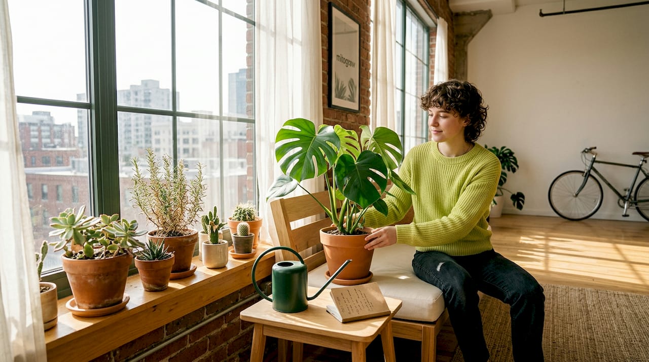 Person adjusting houseplant sunlight by window