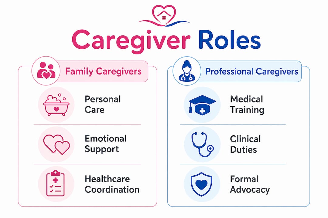 Infographic comparing family and professional caregiver roles