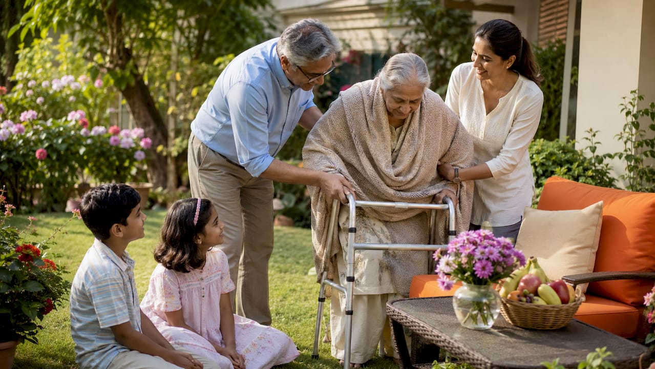 Family supporting senior woman at home