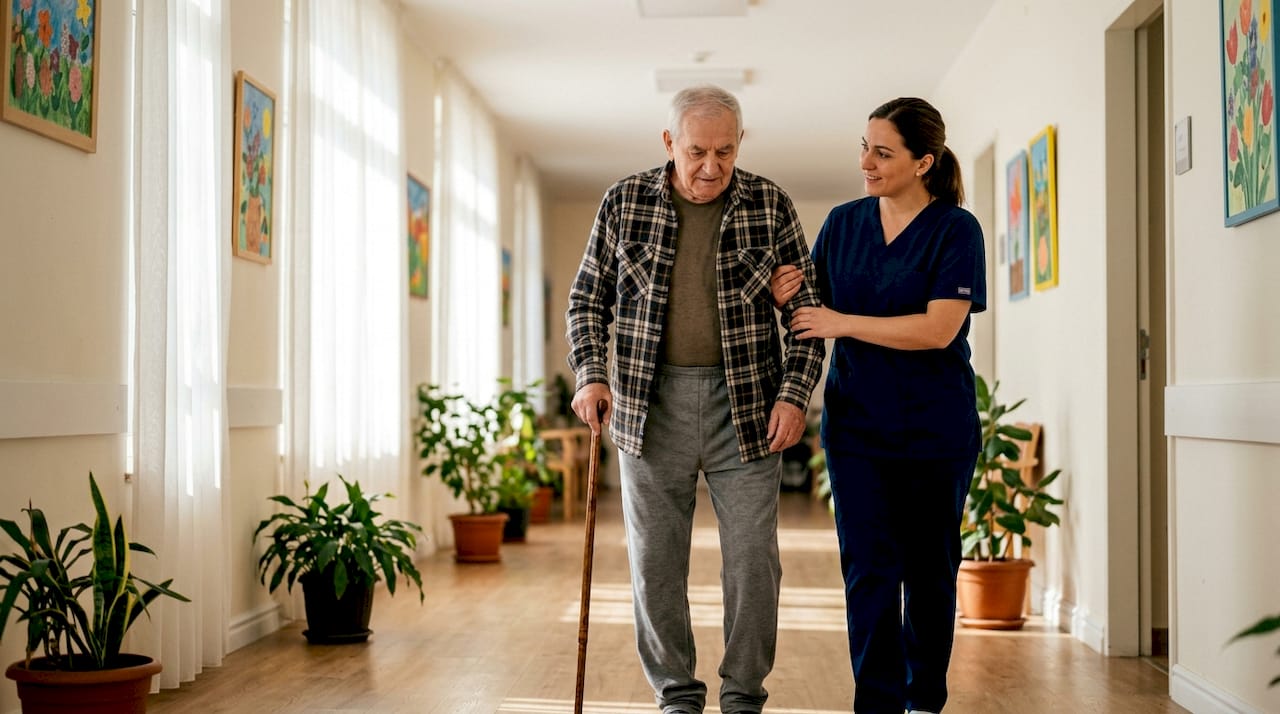 Caregiver assisting elderly man walking indoors
