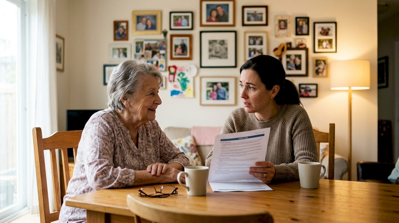 Elderly woman with daughter reviewing care plan