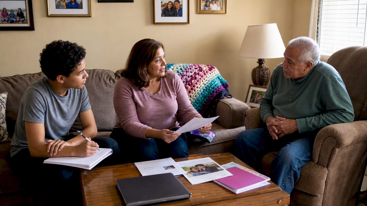 Multigenerational family discussing caregiving options