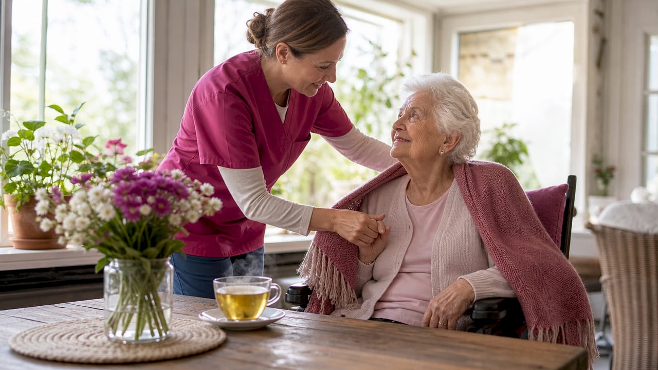 Caregiver assisting elderly woman at home