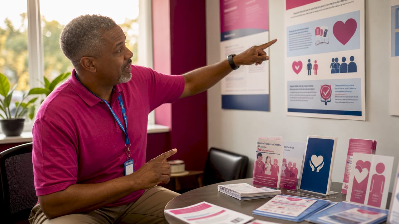 Hands showing Medicaid brochure at health help desk
