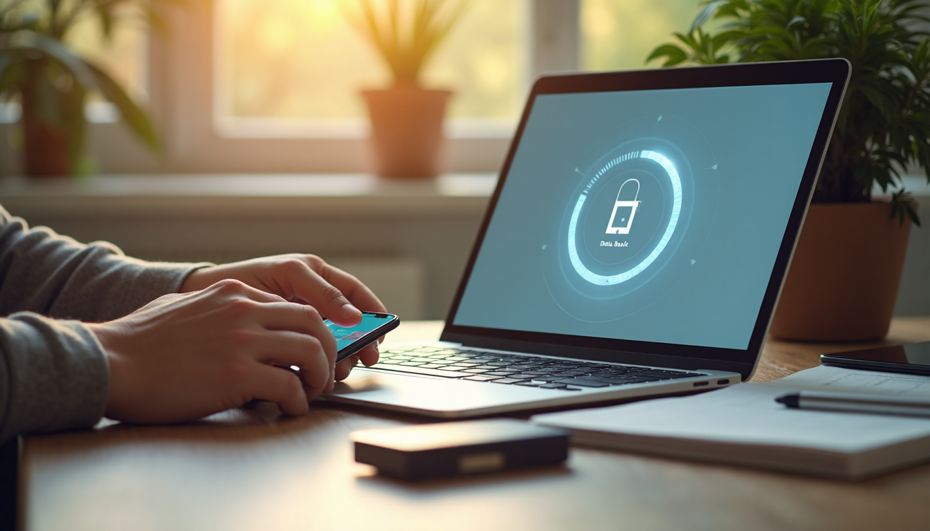 Hands backing up device data with 'Data Backup' visible on laptop