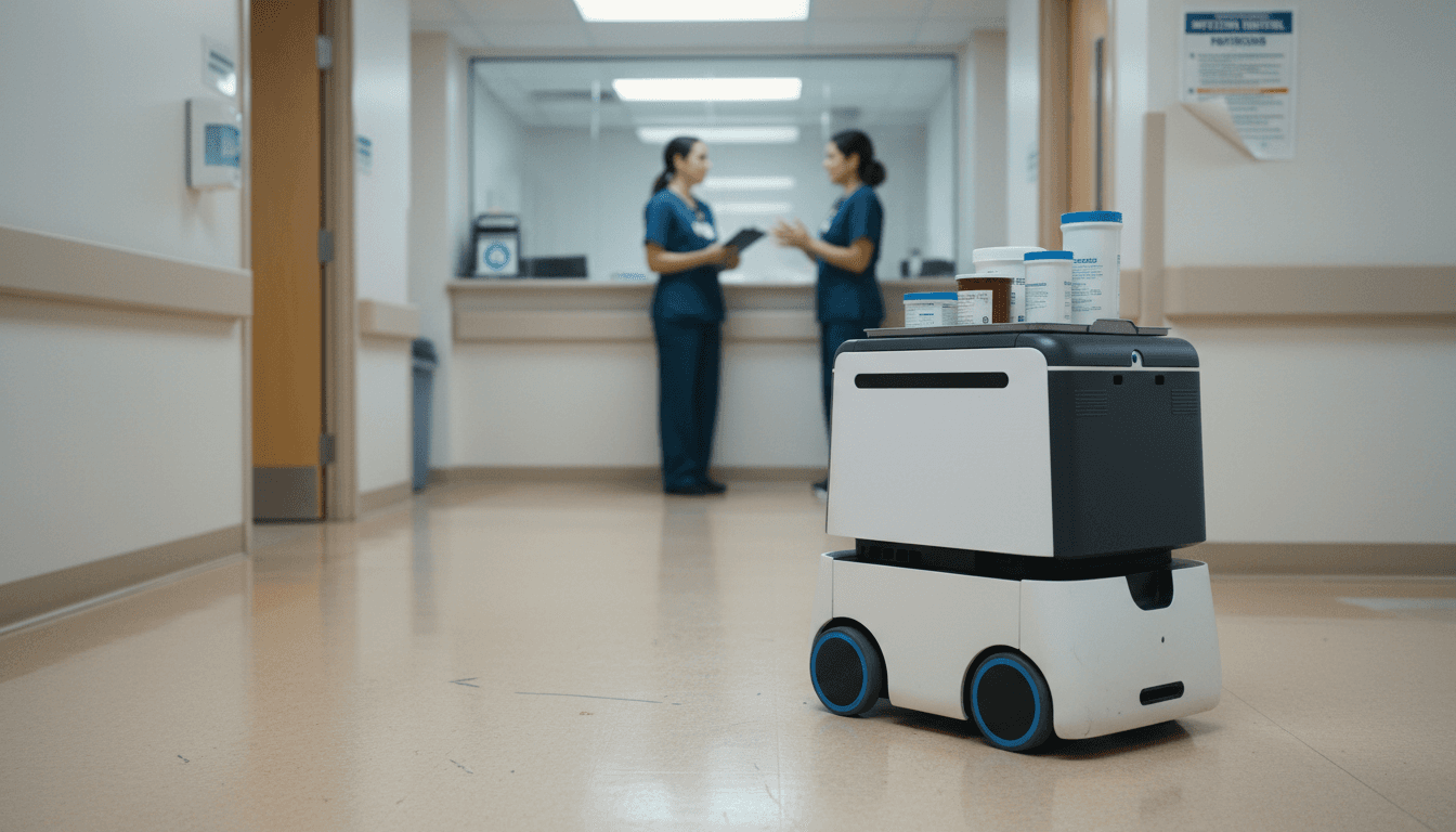 Hospital robot delivering medications in corridor