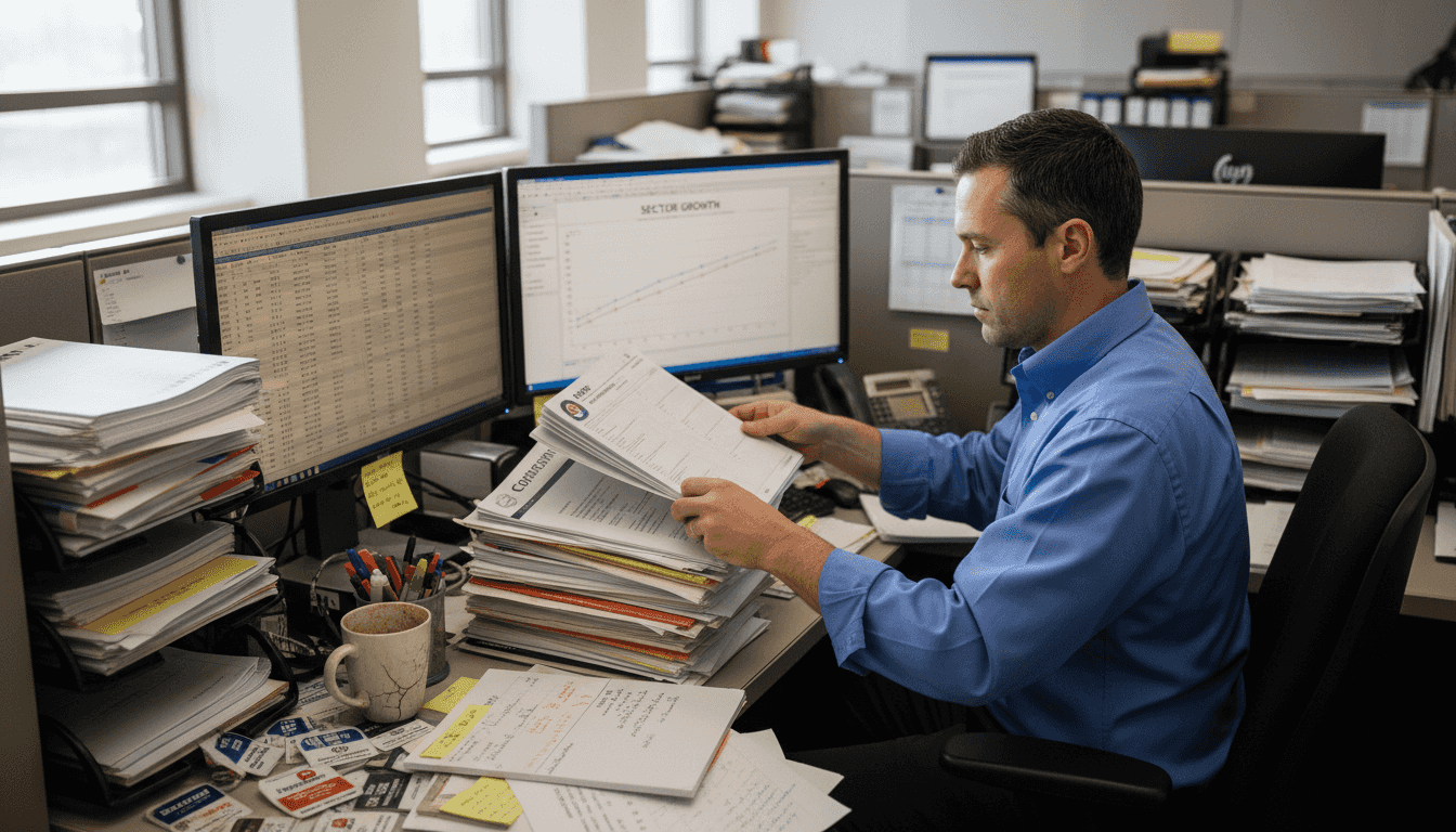 Analyst sorting printed industry research reports