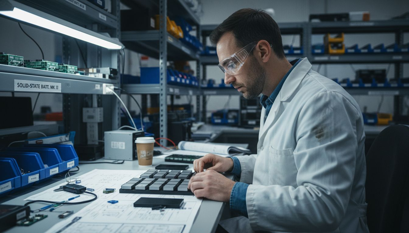 Engineer inspecting solid-state batteries in lab