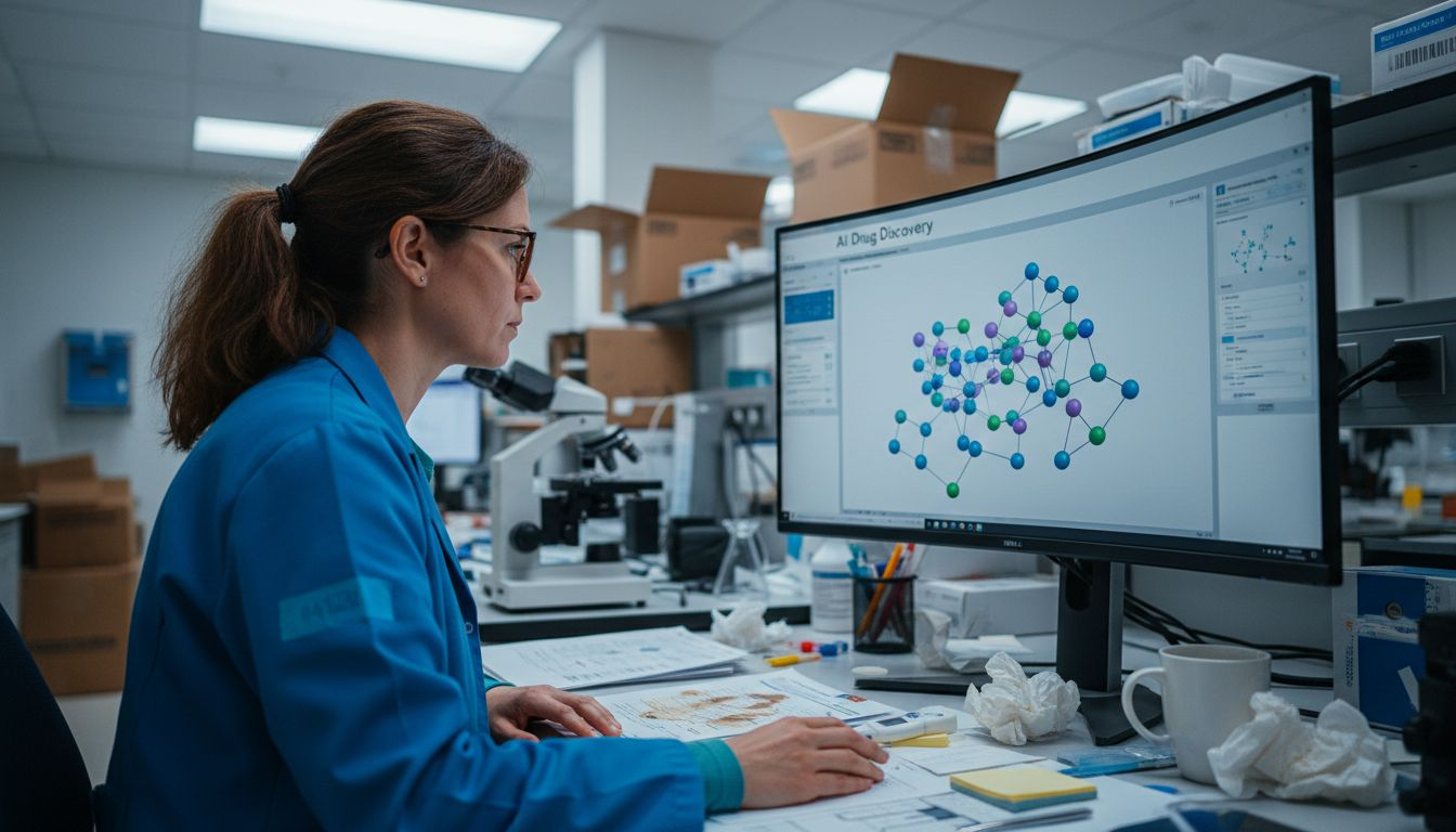 Medical researcher reviewing AI drug simulation