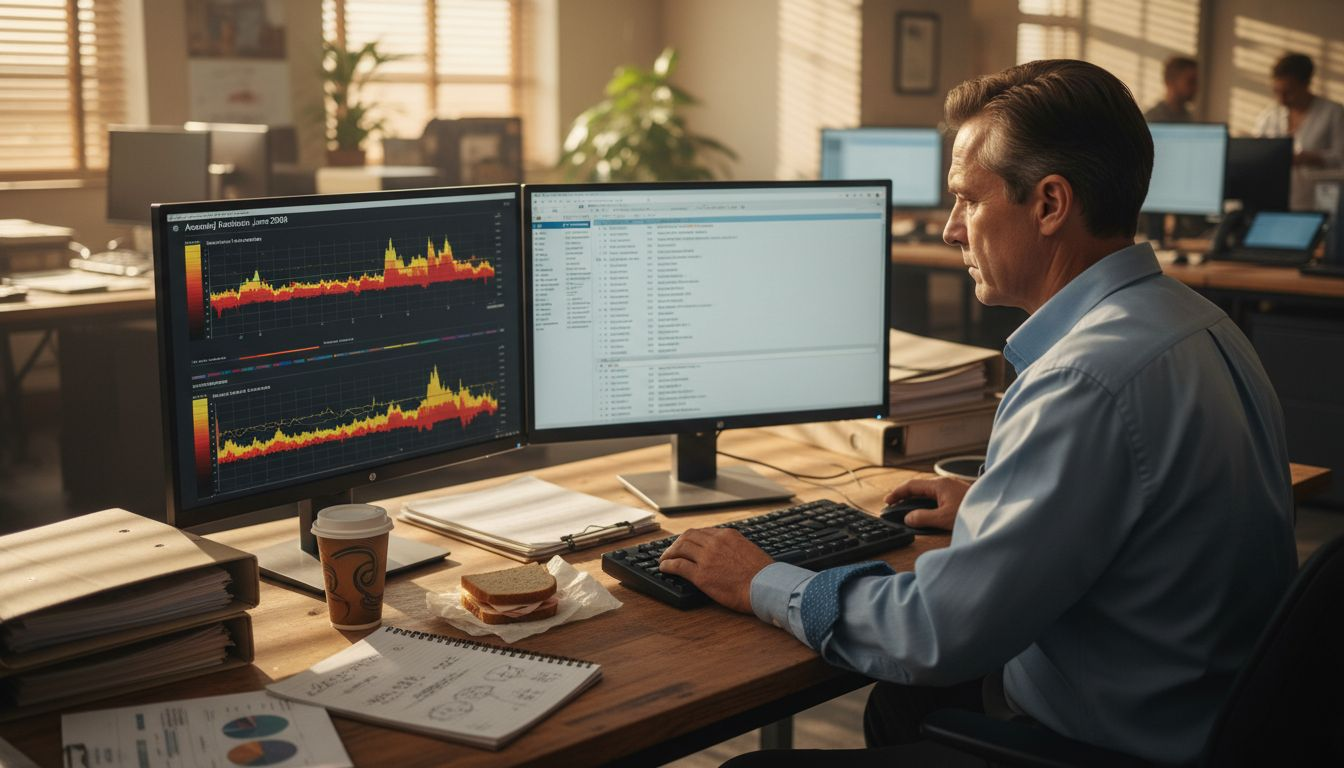 Analyst reviews fraud detection alerts at desk