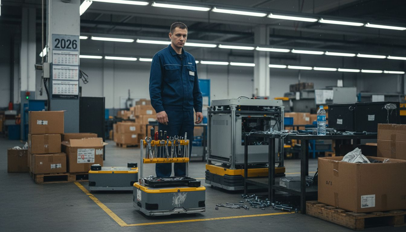 Technician overseeing autonomous robots in factory