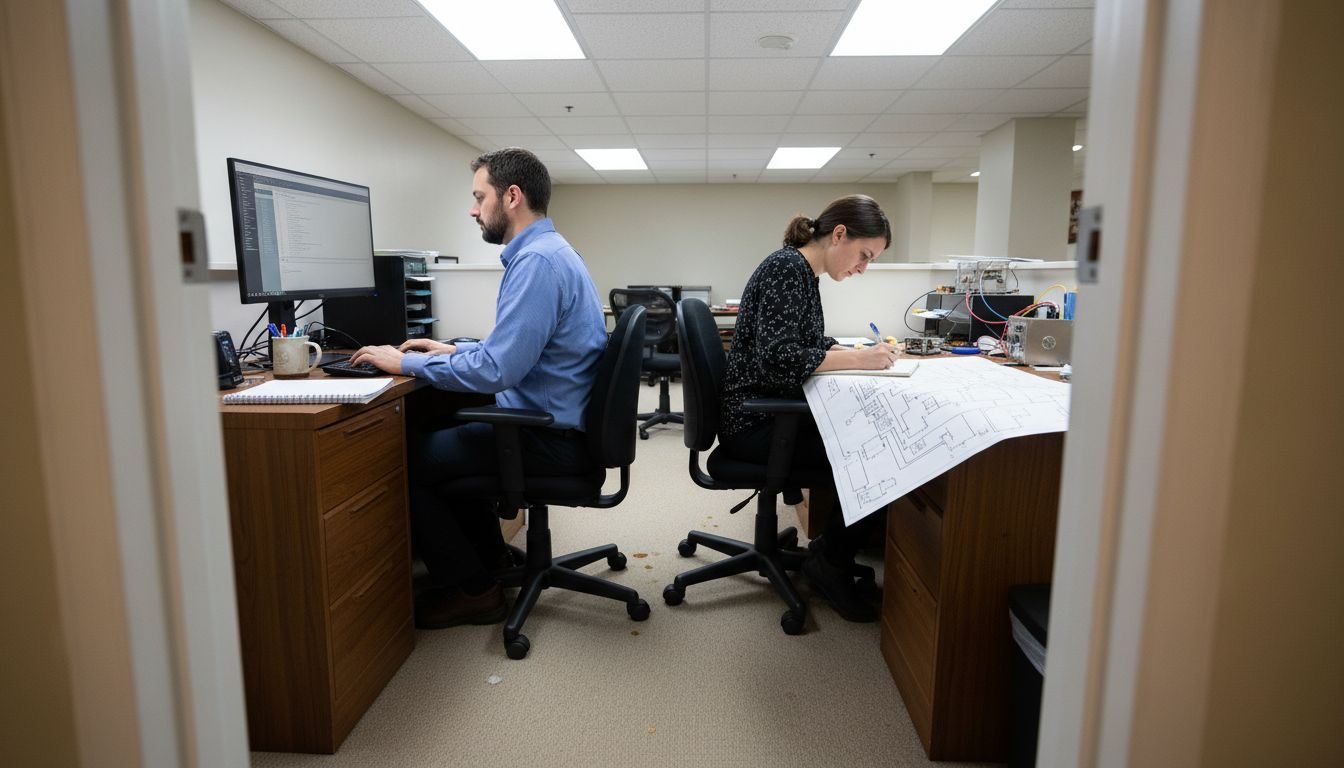 Researchers at desks compare quantum and classical systems