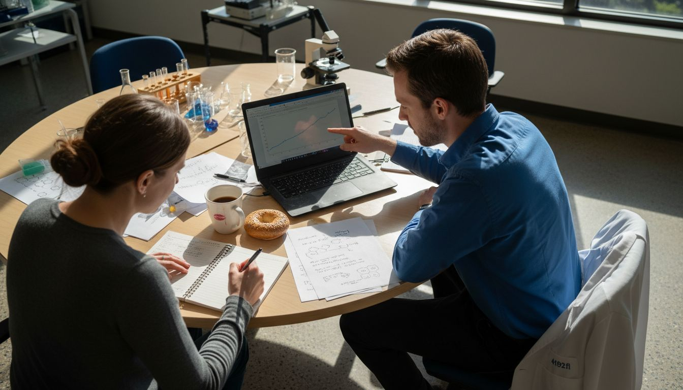 Researchers reviewing data and analysis process