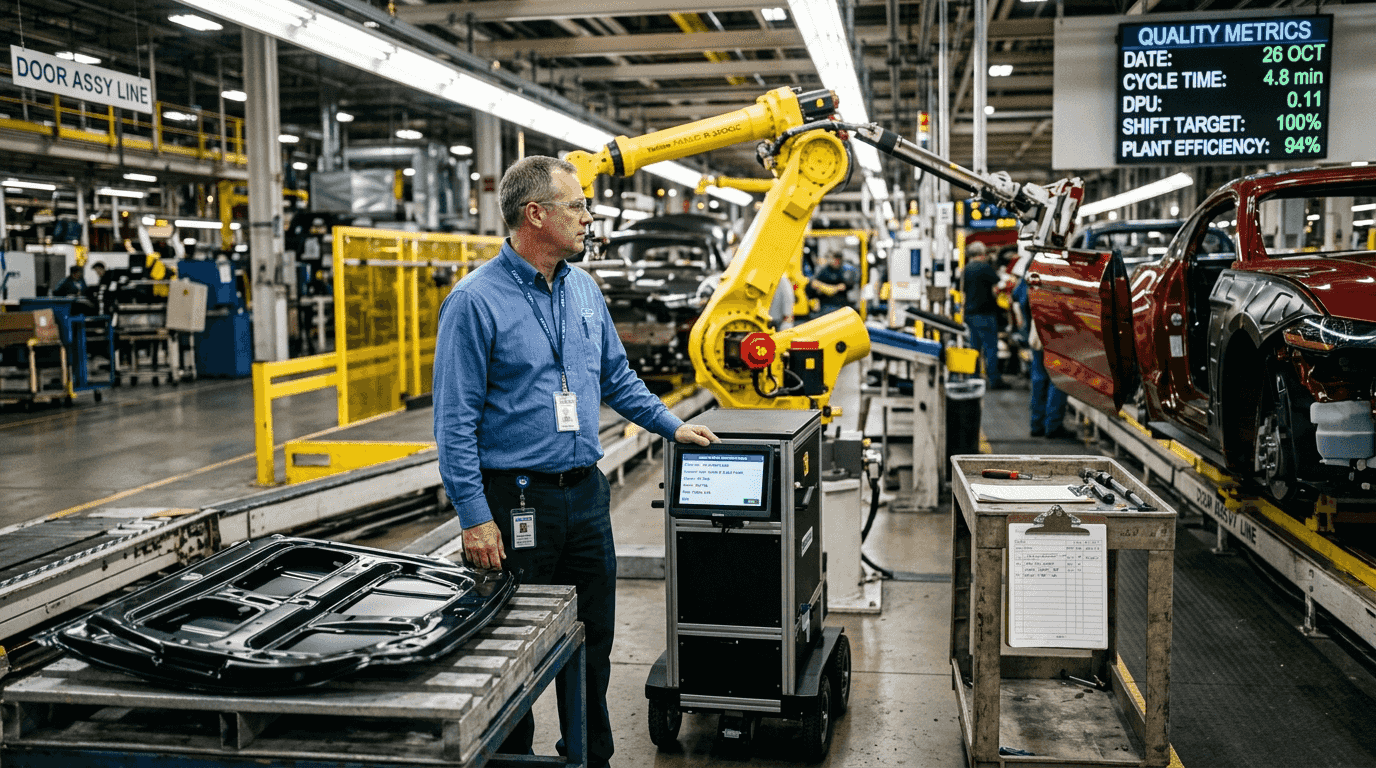 Engineer and AI robot overseeing factory production