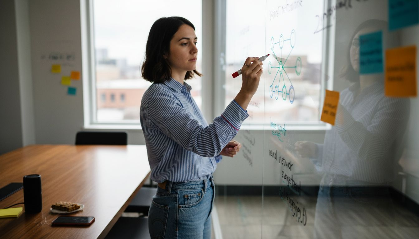 Engineer sketching neural network on whiteboard