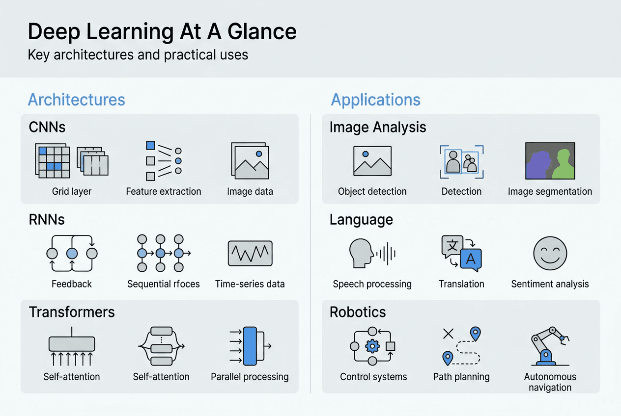 Infographic on deep learning architectures and uses