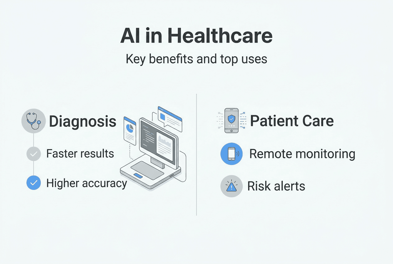 Infographic of AI key benefits and uses in healthcare
