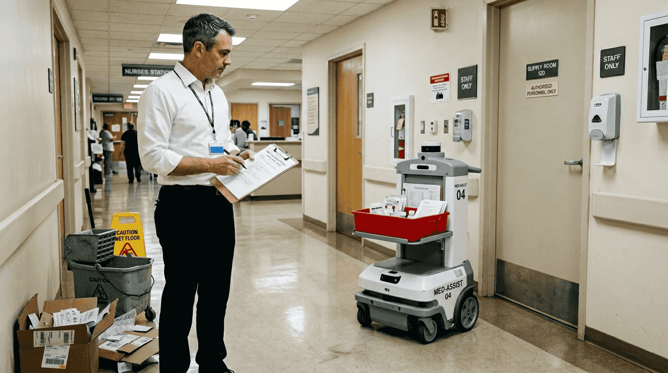 Service robot in hospital tested by technician