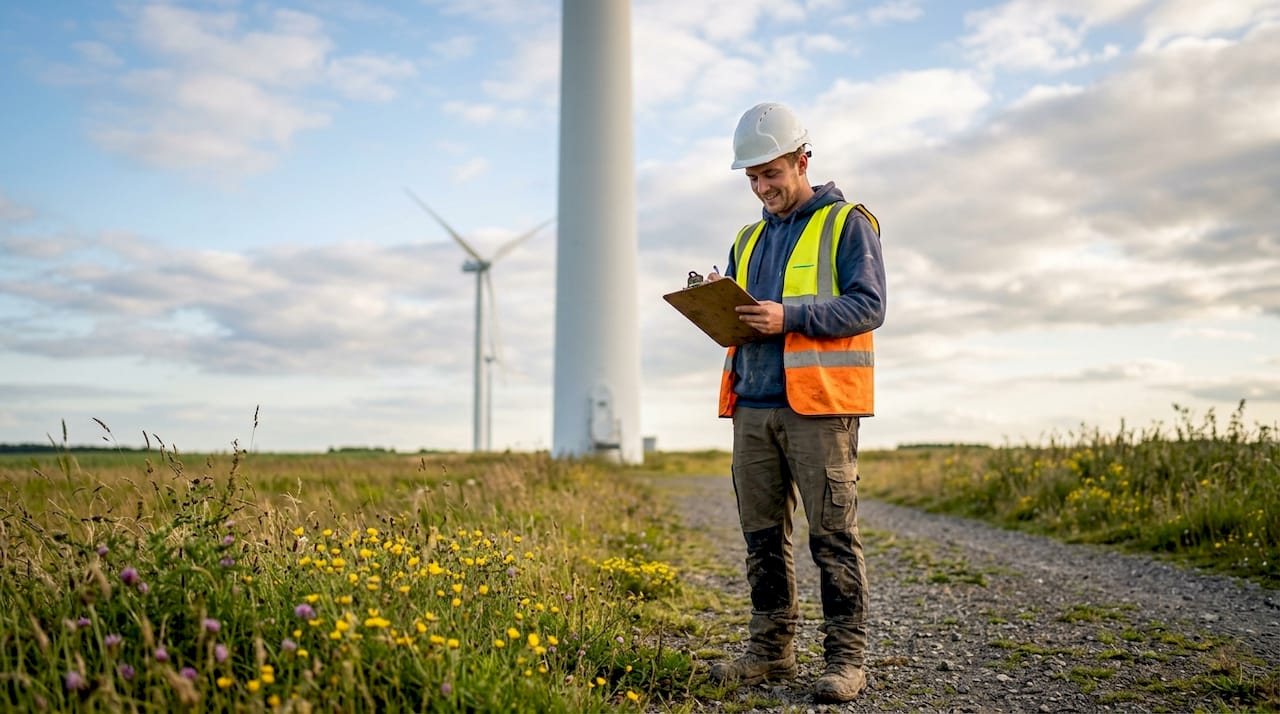 Technician with wind turbine maintenance checklist