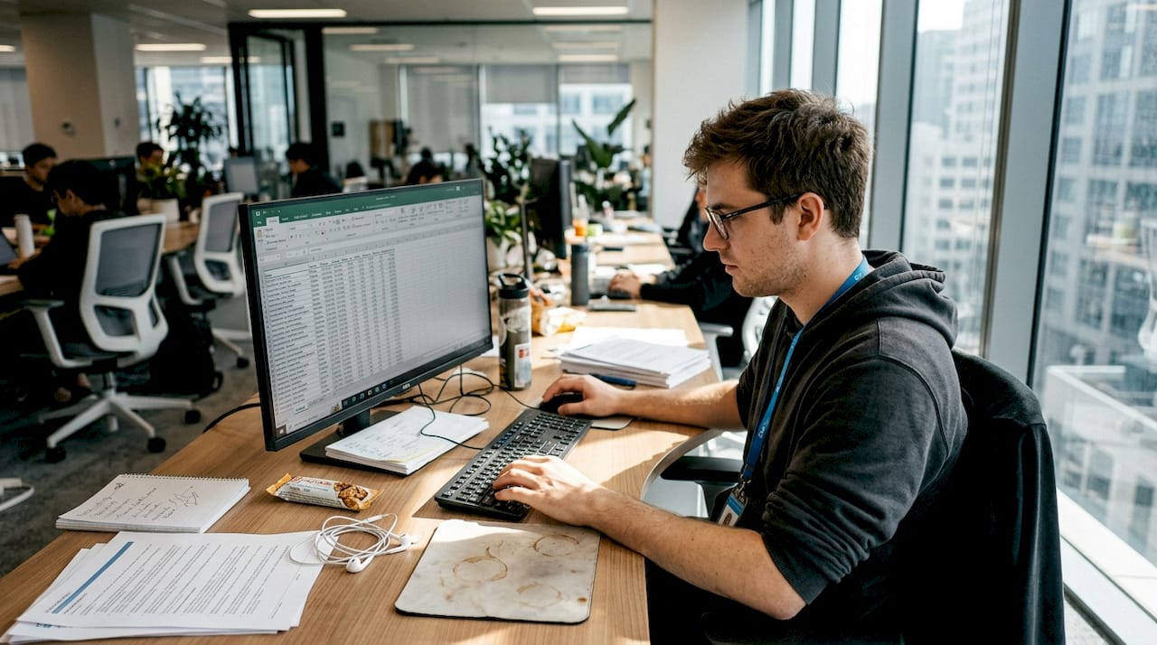 Employee reviewing data in bright open office