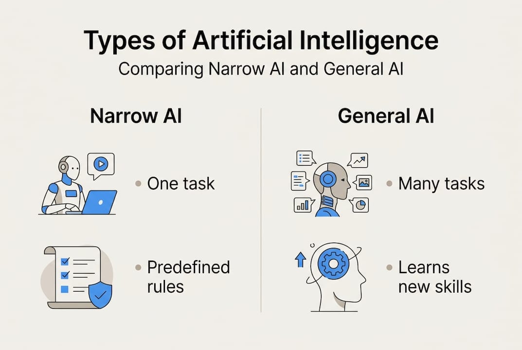 Infographic comparing narrow and general AI types