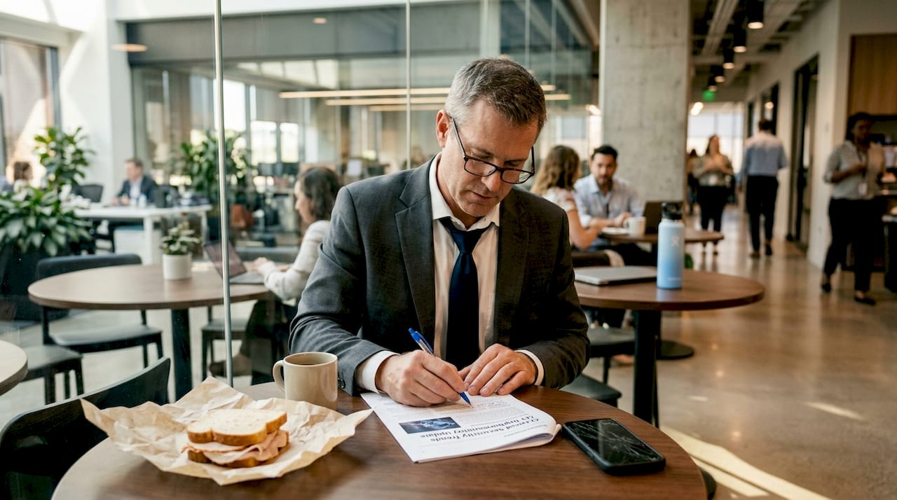 Businessman annotates tech article in break area