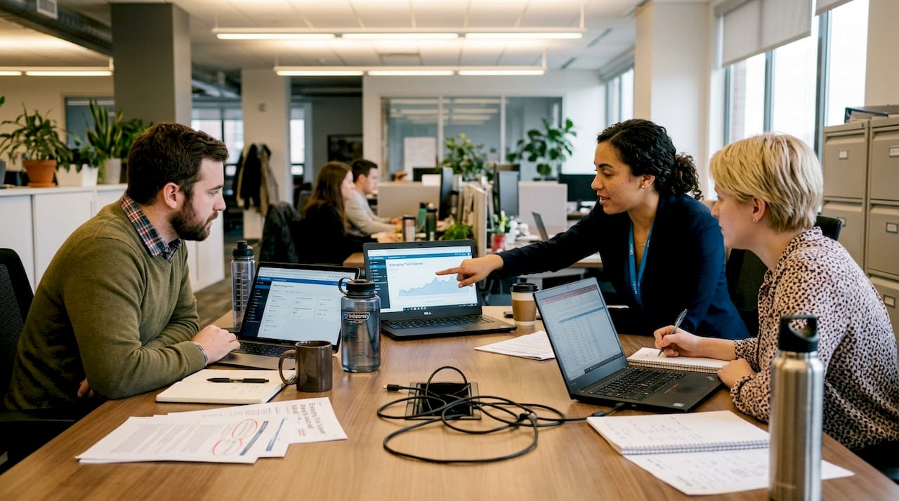 Office team researching tech trends together