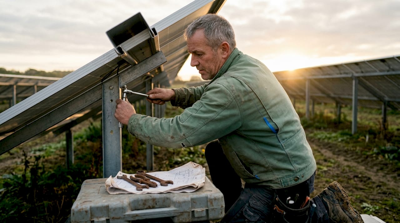 Technician working on solar panel setup