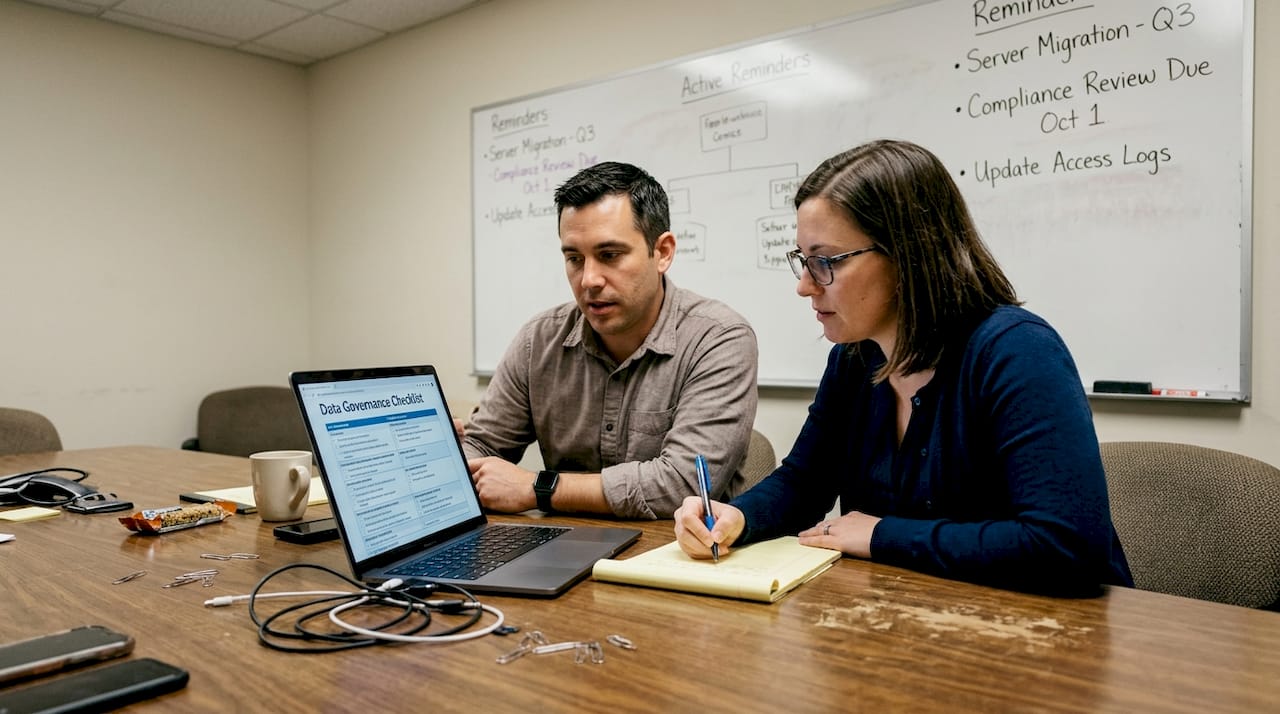 IT staff reviewing data governance notes