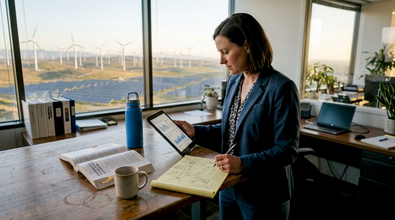 Engineer reviewing energy tech with solar view