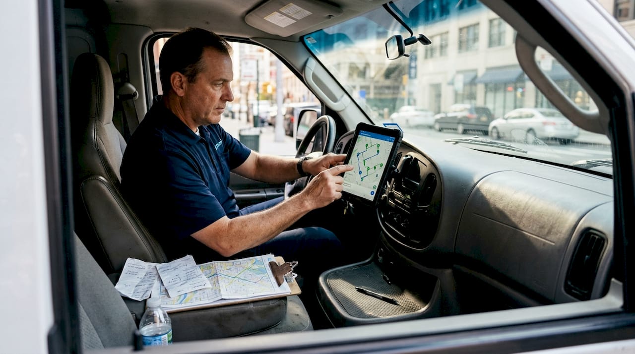 Driver using real time route planning app