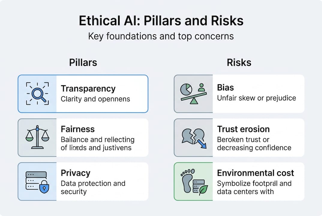 Infographic showing ethical AI pillars and risks