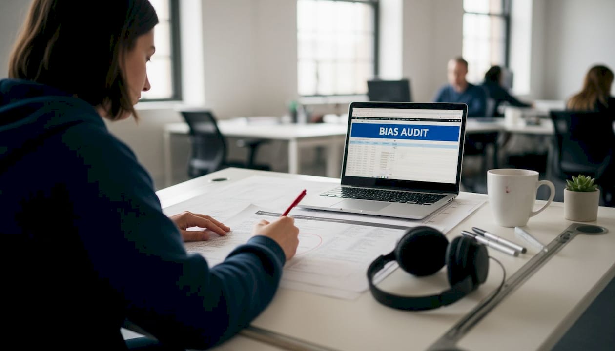 Engineer reviewing AI code for bias