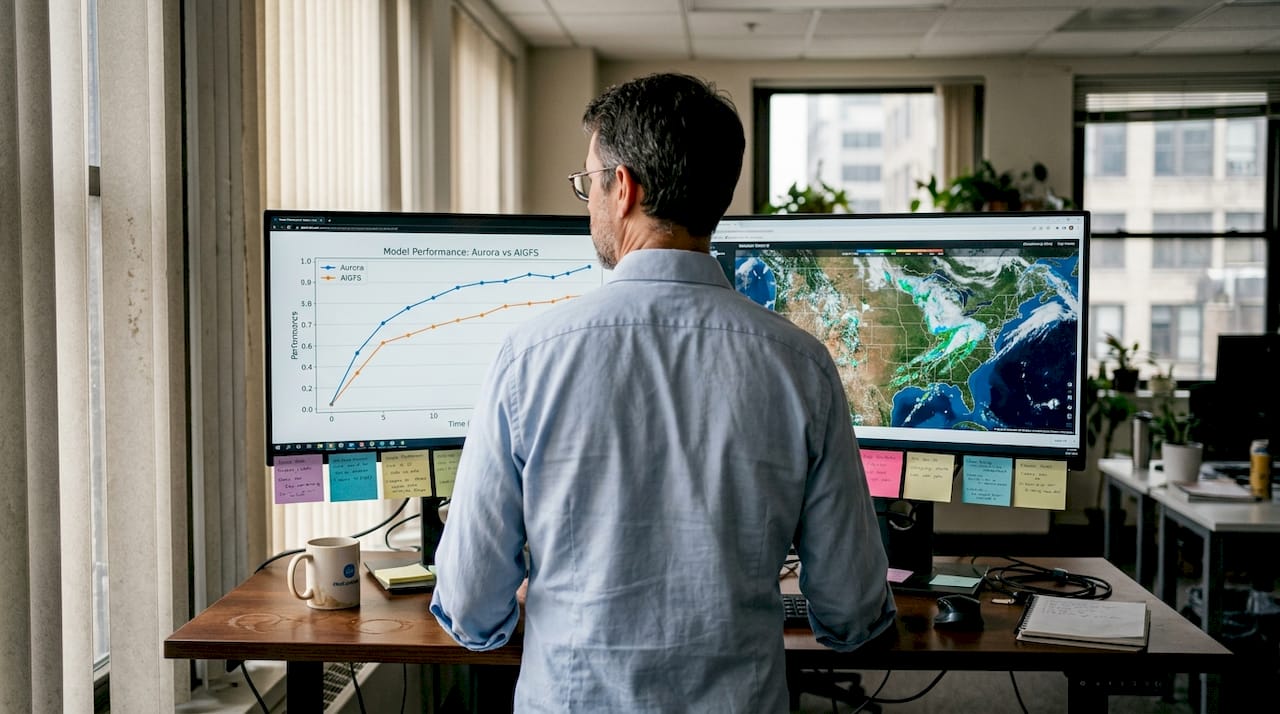 Engineer reviewing AI model weather forecasts