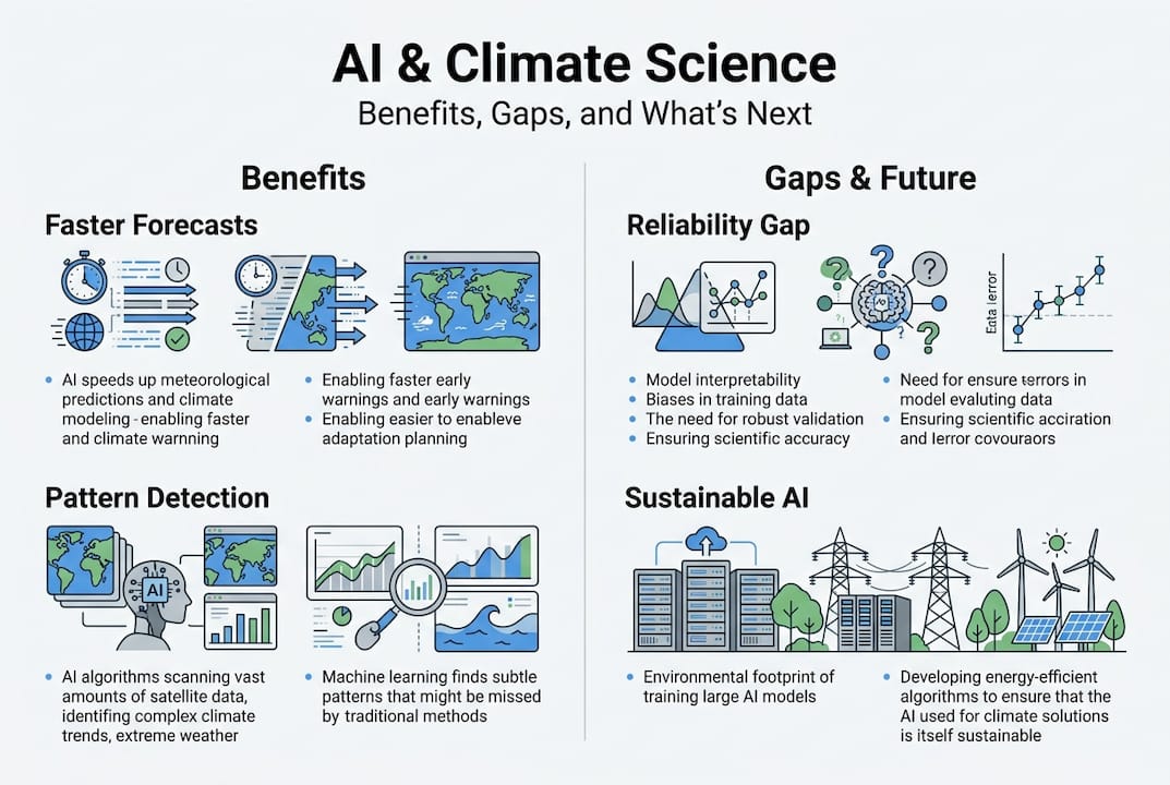 Infographic on AI climate science benefits and gaps