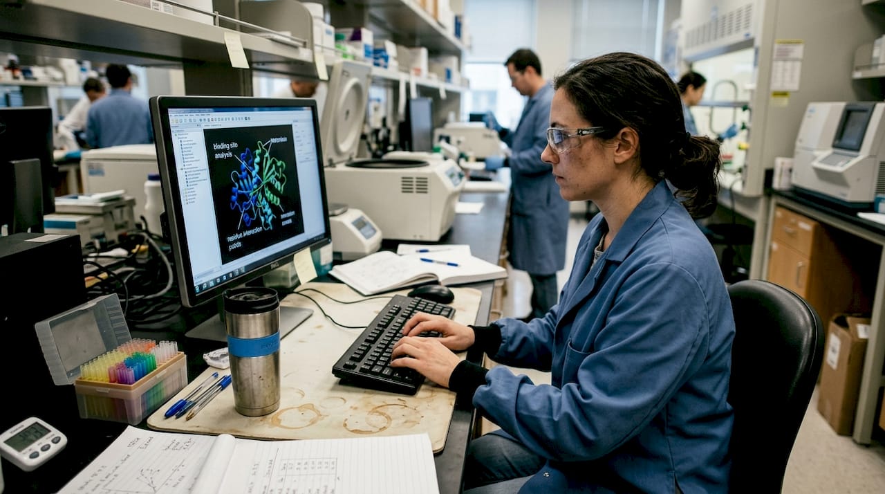 Scientist using AI in biotech laboratory