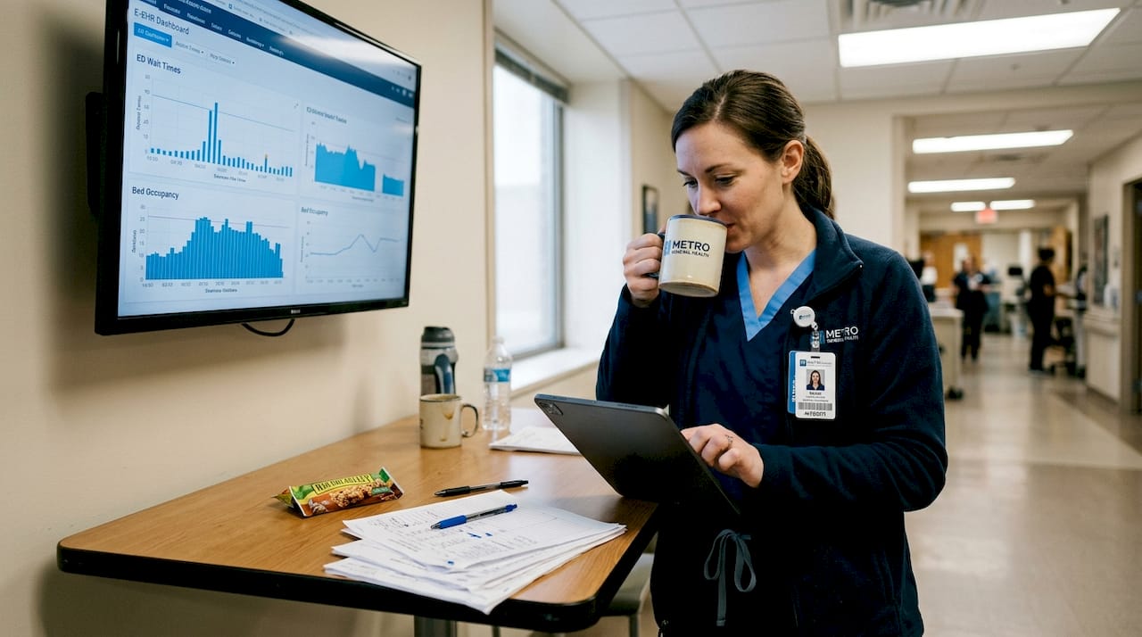 Hospital manager reviews AI-powered workflow data