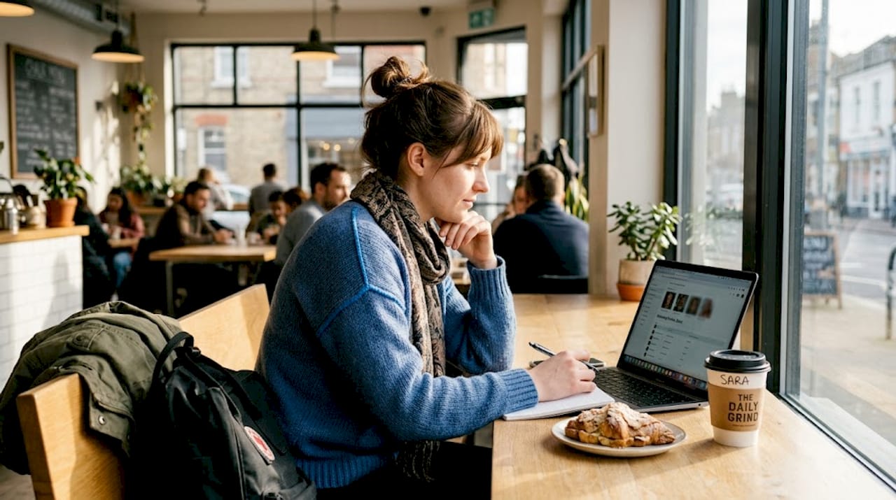 Woman checking neural network results in café
