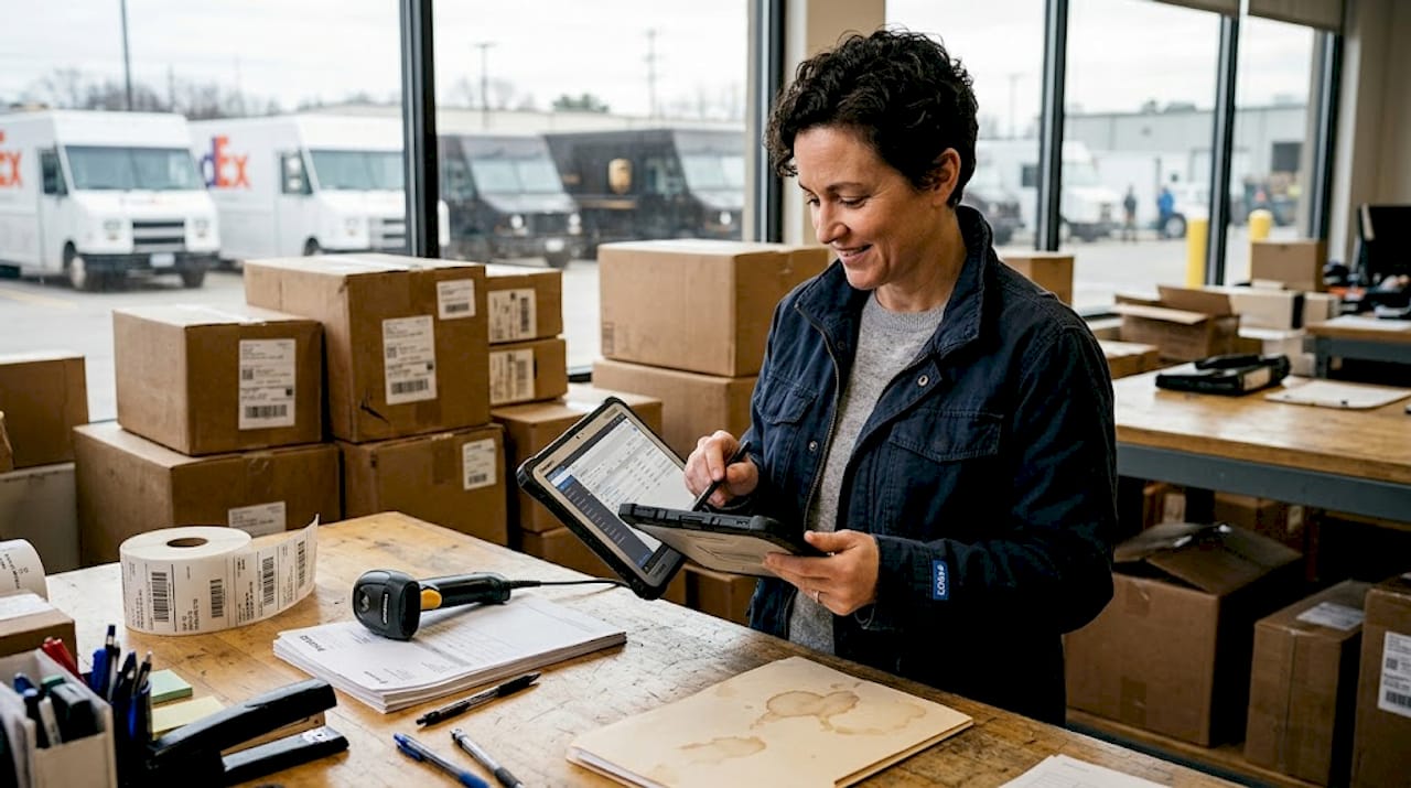 Manager updating supply chain ledger on tablet