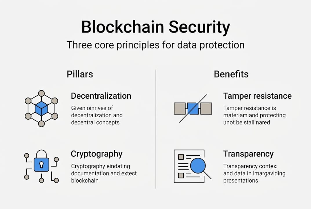 Infographic on blockchain security pillars and benefits